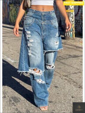 High Waist Wide Leg Ripped Baggy Jeans Patchwork Streetwear Y2K